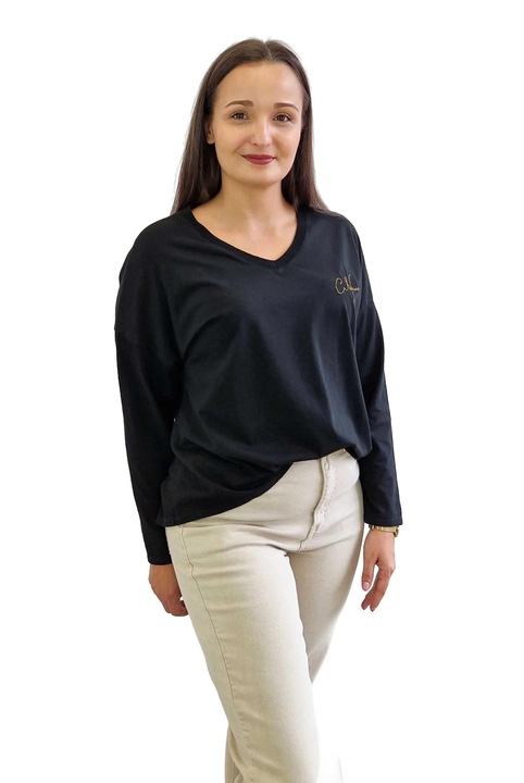 Bluza dama, nelino, broderie inimioara, negru, bumbac/elastan, One Size INTL