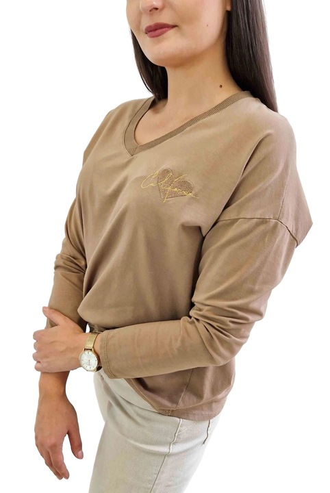Bluza dama, nelino, broderie inimioara, decolteu in V, bej, bumbac/elastan, One Size INTL