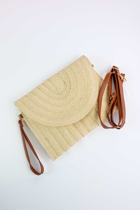 Geanta dama mica din paie, NeliNo, stil boho, detalii din eco piele, bej deschis, 21x27x19cm