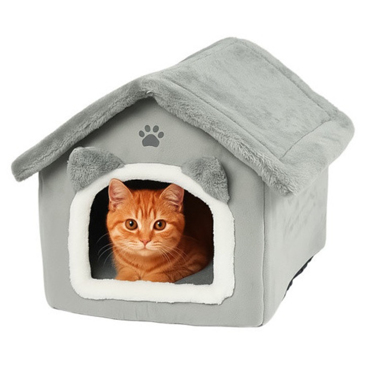 Casuta pentru caini si pisici, ZOLA, poliester, antiderapanta, gri, 39x38x35cm