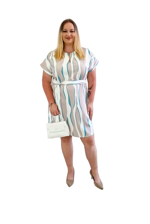 Rochie midi eleganta cu curea Camilla, nelino, bej-verde, material elastic, maneca scurta