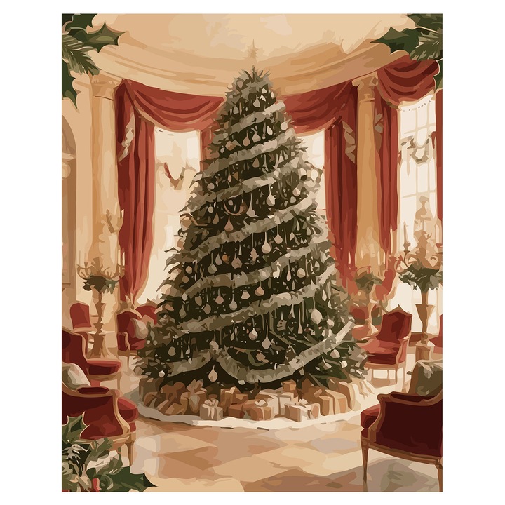 Set pictura pe numere Brad de Craciun 6178, panza bumbac pe rama lemn, 40x50 cm, tablou cu schita, 3 pensule si vopsea acrilica