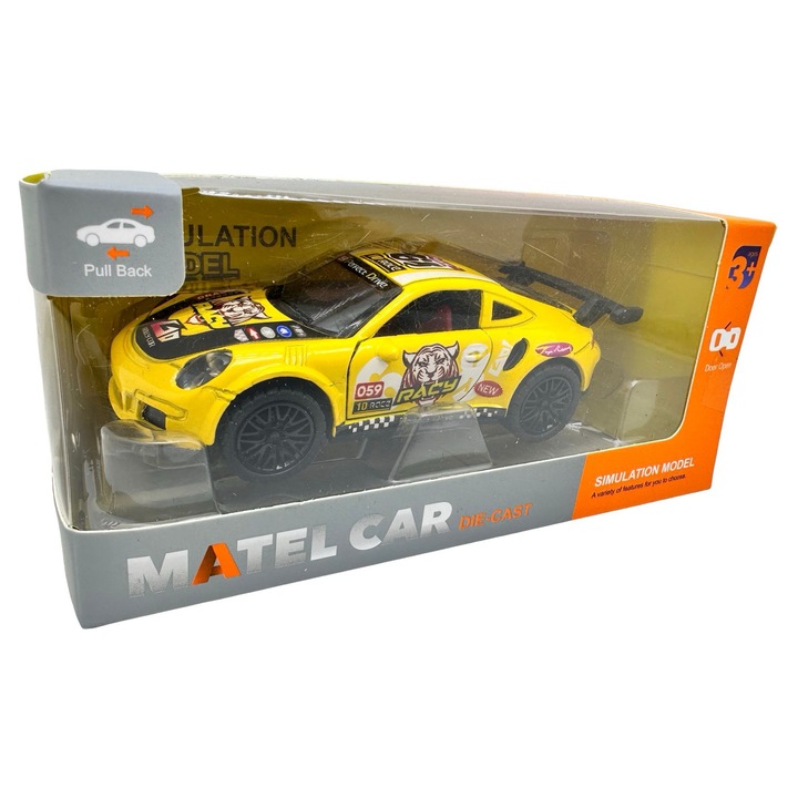 Sárga Porsche versenyautó modell, 1:38 méretarányú, nyitható ajtókkal és pull-back rendszerrel
