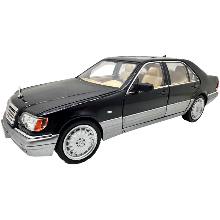 Macheta Mercedes-Benz W140 S320 Clasa S negru 1:24 metal cu lumini, sunete usi capota si portbagaj deschise
