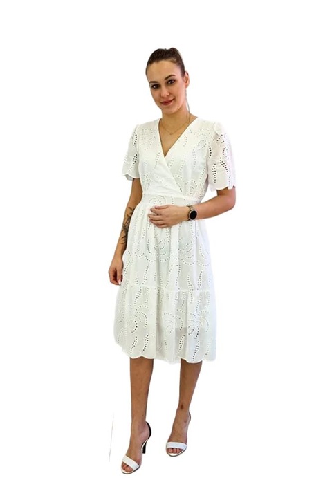 Rochie nelino, broderie perforata, decolteu petrecut, alb, bumbac, L/XL, L-XL INTL