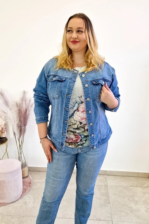 Geaca de blugi, Nelino, bumbac/poliester, cu perle si paiete, albastra, 3XL INTL