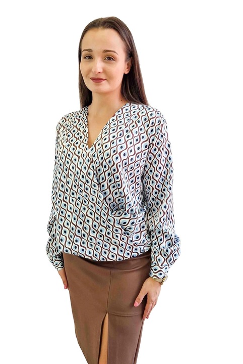 Bluza dama, nelino, satin, decolteu in V, maneca lunga, multicolor, 42 EU