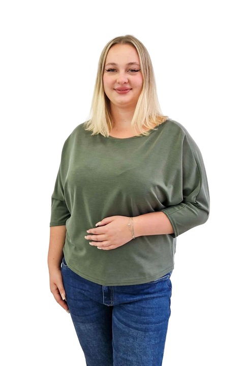 Bluza dama oversize, nelino, maneca 3/4, verde masliniu, viscoza/elastan, 50 EU