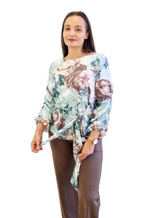 Bluza dama, nelino, eleganta, trandafiri, verde menta/bej, viscoza/poliester, S INTL