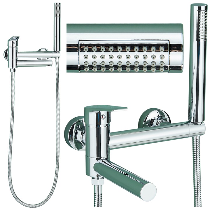 Ari kádfürdő csaptelep zuhanyzóval, falra szerelhető, lehajtható kifolyócső, króm