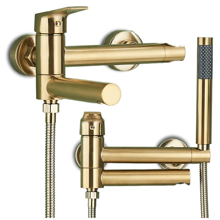 Baterie cada cu dus Ari, montaj perete, pipa pliabila, Auriu Periat