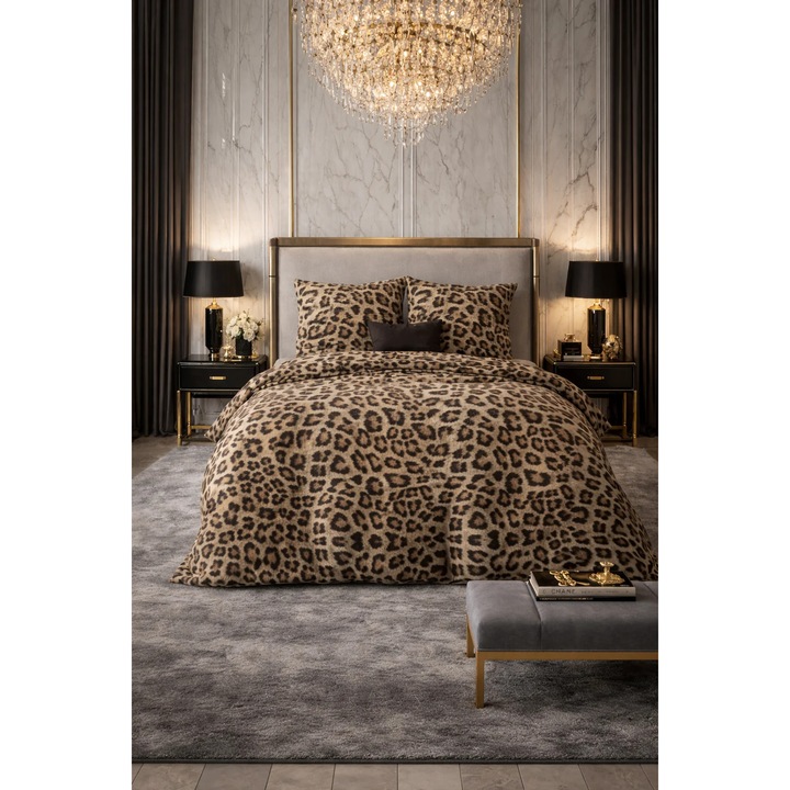 Lenjerie de pat Sleeptime, 1x husa pilota 140x200/220, 1x fete de perna 60x70, Microfibra 100%, Hipoalergenica, 90 GSM, model Classy Deep Panther Brown, imprimeu Print Digital, culoare Maro