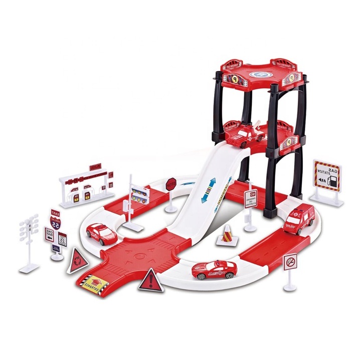 Set Parcare Etajata Pentru Copii, City Rescue Parking Garage, 39 Piese, 4 Masinute Inclus, Tobogan, Pod, Semne de Circulatie