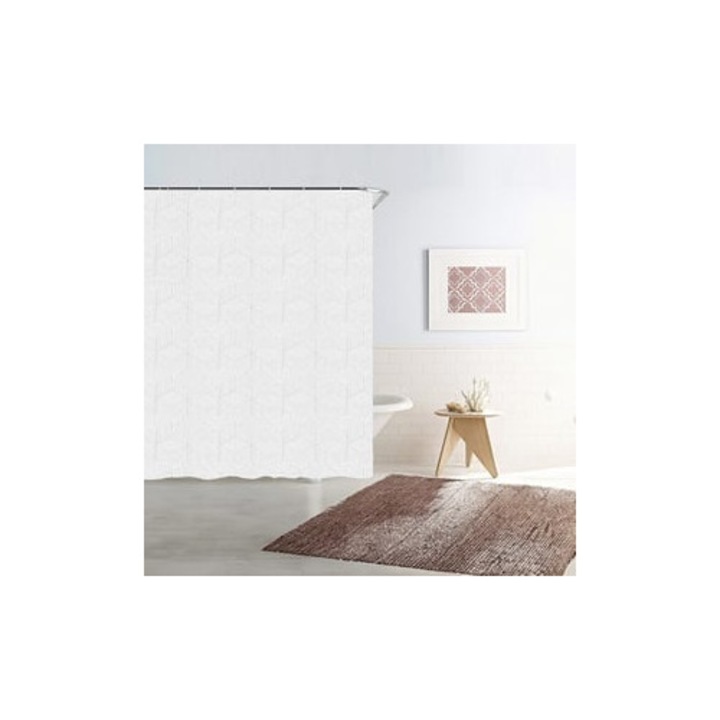 Perdea Dus Transparenta cu Model Liniar Alb 180x200cm PEVA Material Ecologic – 12 Inele Incluse