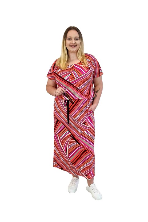 Rochie maxi, nelino, cu legatura in talie buzunare, material vaporos, Rosu/Portocaliu