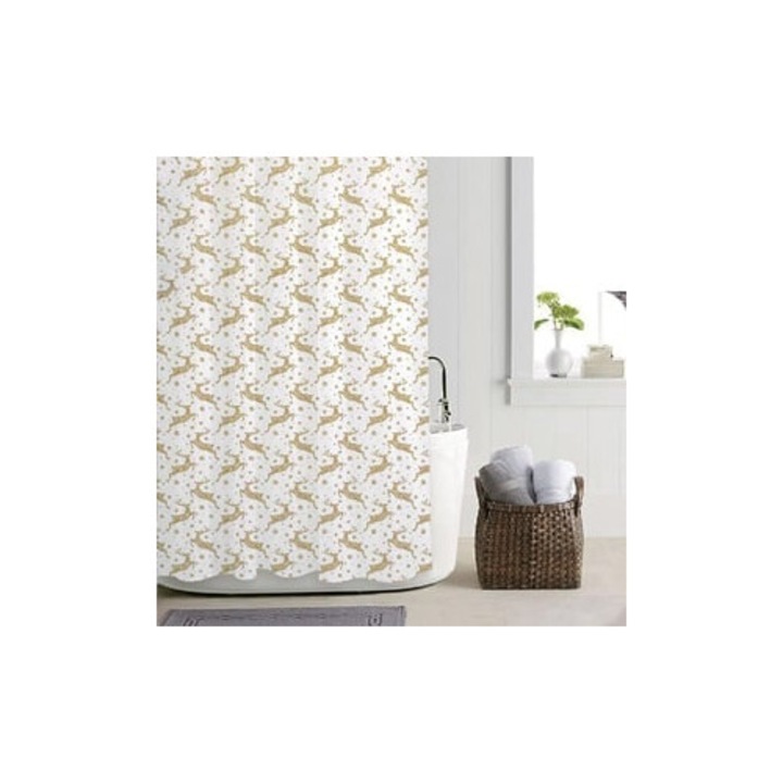 Perdea de Dus Alba cu Cerbi Aurii de Craciun 180x180cm PEVA – 12 Inele Incluse