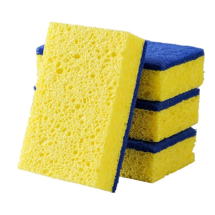 Burete de curatare, set 4 bucati, albastru-galben, pentru vase, ustensile de gatit, chiuvete, multifunctional