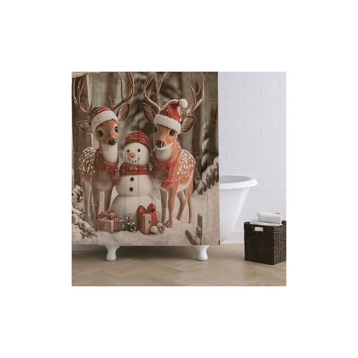 Perdea de Dus din PEVA cu Model Om de Zapada si Reni 180x180cm – 12 Inele Incluse