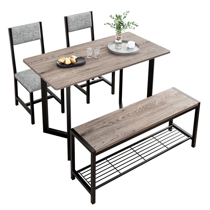 Set Masa de Dining pentru 4 Persoane, Masa de Bucatarie cu Scaune, Set Mobilier Dining 4 Piese cu 2 Scaune si 1 Banca, Ideal pentru Spatii Mici, Living si Sufragerie, gri