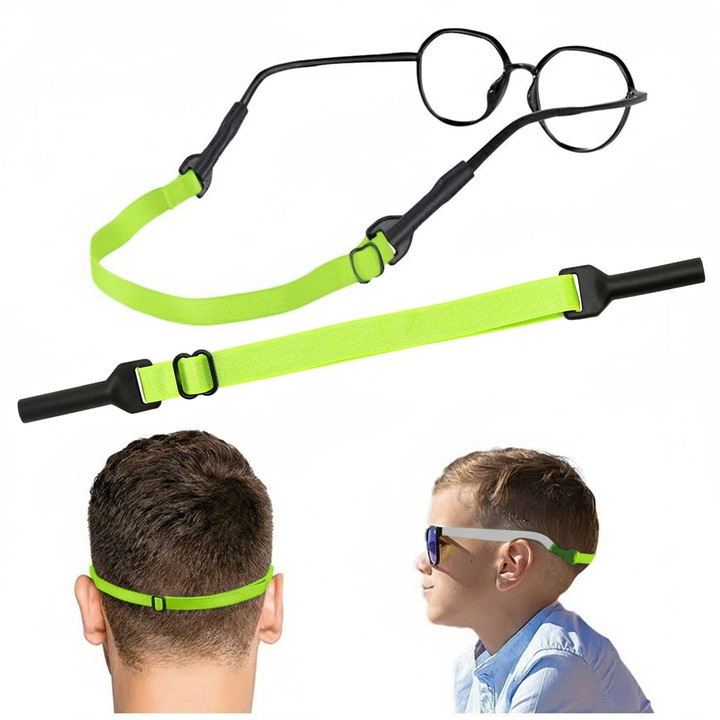 Curea ochelari Stylion, reglabila universala din material textil elastic antiderapant cu prindere silicon pentru sport si protectie. Solutie sigura pentru ochelarii de vedere si soare, pentru copii si adulti, culoare verde, dimensiuni 20-32