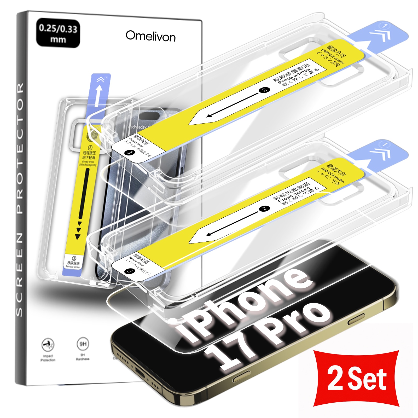 Set 2 Folii de Protectie pentru iPhone 17 Pro, Omelivon, Sticla temperata, Cu Kit de Aplicare Instanta si Functie Automata de Indepartare a Prafului, Duritate 9H, Advanced touch sensitivity, Anti-amprente, Claritate FullHD, Transparent