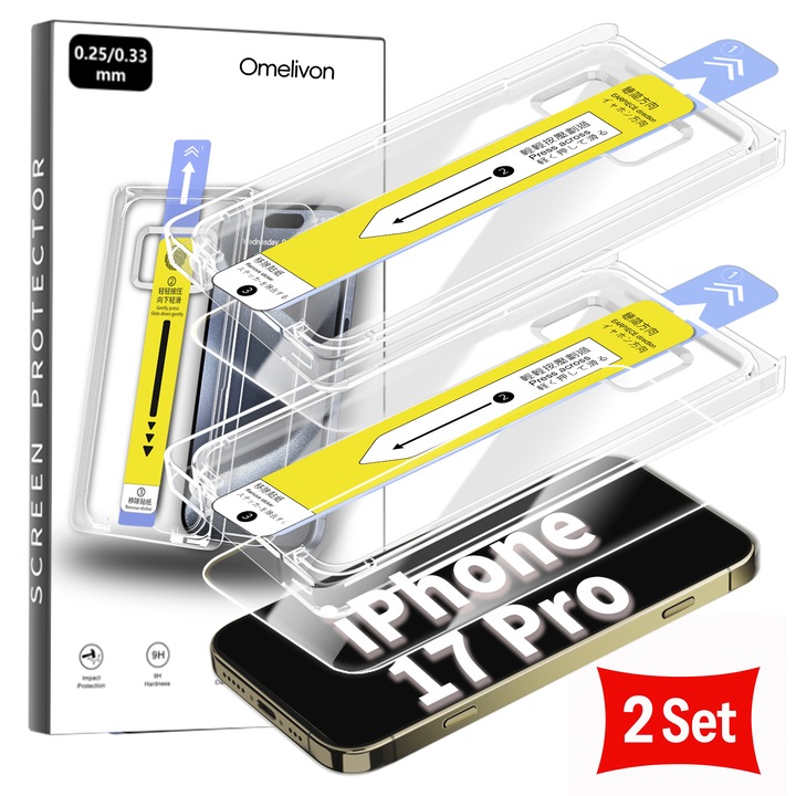 Set 2 Folii de Protectie pentru iPhone 17 Pro, Omelivon, Sticla temperata, Cu Kit de Aplicare Instanta si Functie Automata de Indepartare a Prafului, Duritate 9H, Advanced touch sensitivity, Anti-amprente, Claritate FullHD, Transparent