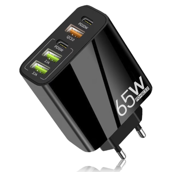 Incarcator de retea, Reimungkot, incarcare rapida 65W, cu 5 porturi – 2 x Type-C si 3 x USB-A, incarcare rapida pentru iPhone, Samsung, Huawei, Xiaomi, MacBook, laptopuri, compatibilitate universala, negru