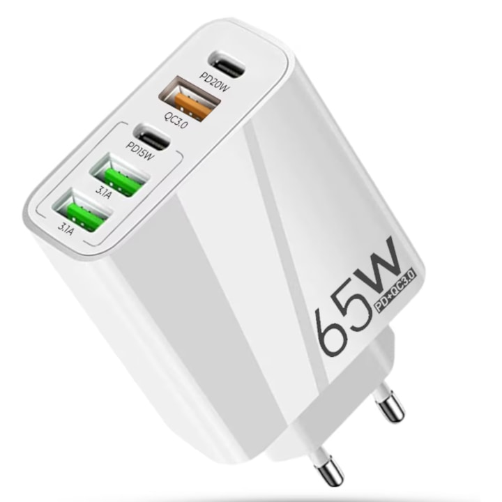 Incarcator de retea, Reimungkot, incarcare rapida 65W, cu 5 porturi – 2 x Type-C si 3 x USB-A, incarcare rapida pentru iPhone, Samsung, Huawei, Xiaomi, MacBook, laptopuri, compatibilitate universala, alb