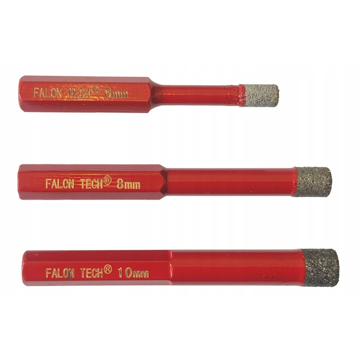 Falon-Tech 3 db-os gyémánt fúrókészlet 6x8x10mm hatszögletű többszínű 80mm