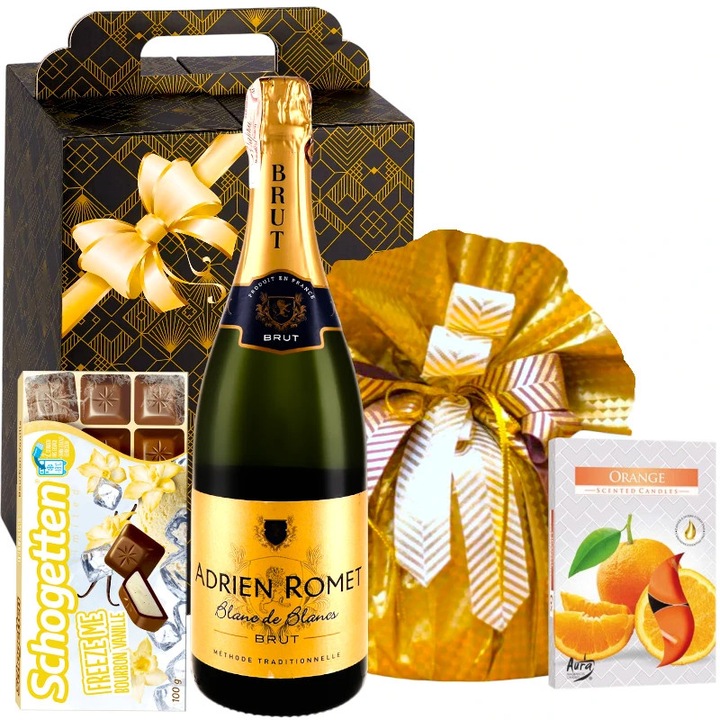 Pachet Cadou Premium cu Vin Spumant Frantuzesc, Panettone, Ciocolata Schogetten si Lumanari Parfumate, Cutie Cadou Festiva Eleganta, Ideala pentru Craciun, Aniversari si Sarbatori, Model Golden Gift, by CADOURI RAFINATE®