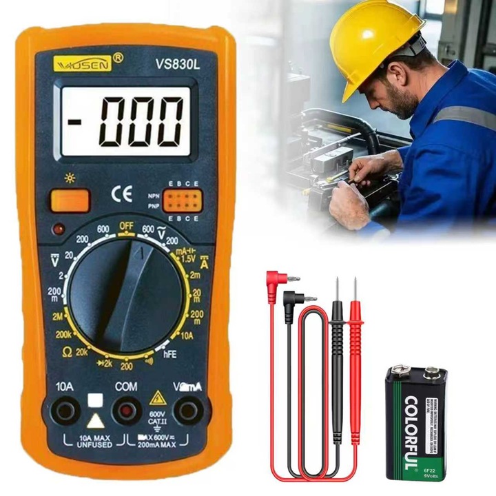 Excitat® Multimetru digital portabil VS830L, inteligent, rezistent la arsuri, AC/DC 600 V, DC 10 A, rezistenta, test dioda/continuitate/baterie, portocaliu