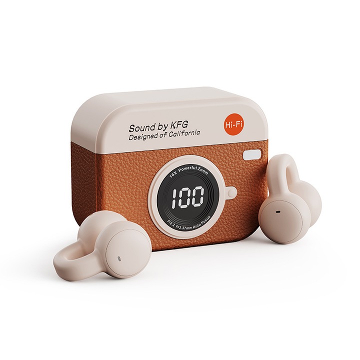 OEM Bluetooth fülhallgató retro kamera dizájnnal, félig fülbe helyezhető, zajszűrő, hosszú akkumulátor-élettartam, digitális kijelző