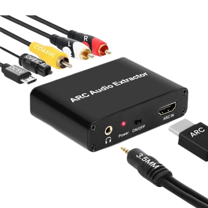 Convertor audio HDMI ARC, AjieQaQ, optic SPDIF coaxial la 3,5 mm Jack si RCA, negru