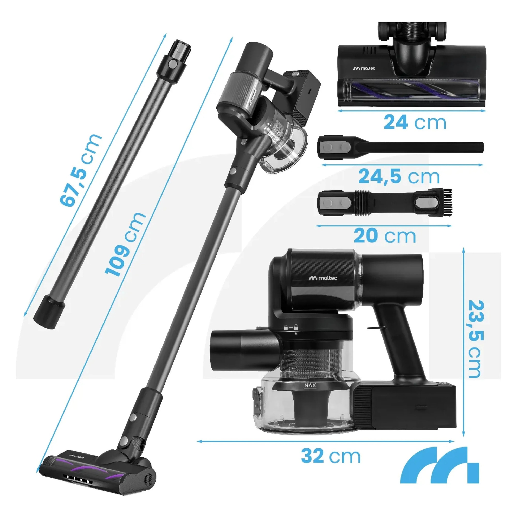 Aspirator vertical fara sac cu accesorii 3 in 1, perie electrica cu LED, 250 W, MalTec 113544