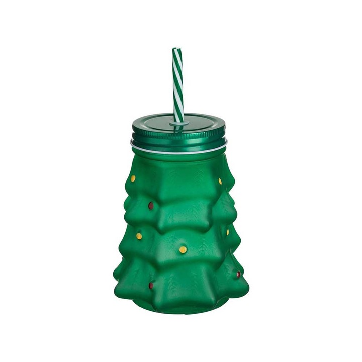 Pahar de Craciun din sticla cu pai si capac, bradut verde, 530 ml
