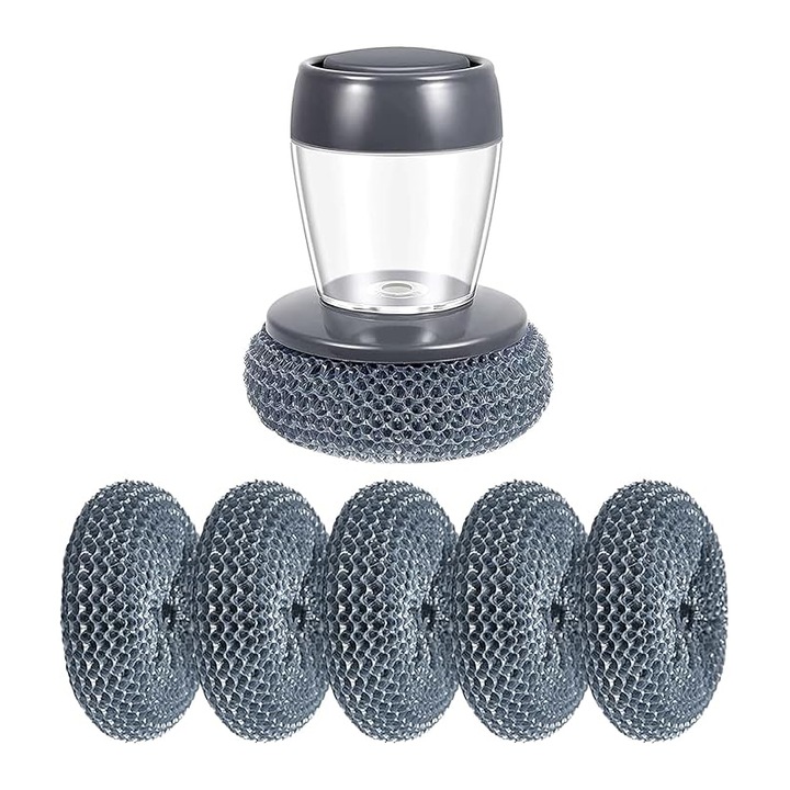 Perie de curatare 2 in 1, BOMSTOM, Dozator de solutie de curatare cu 5 capete de perie de schimb, fabricat din plastic, pentru curatarea oalelor, tigailor si chiuvetelor