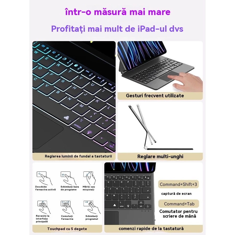Husa cu tastatura Magic Keyboard, model Pro 11 inch 2024, atasare magnetica flotanta, iluminare din spate reglabila a tastaturii, include tastatura Bluetooth si trackpad, accepta comenzi tactile iOS si taste rapide, Alb