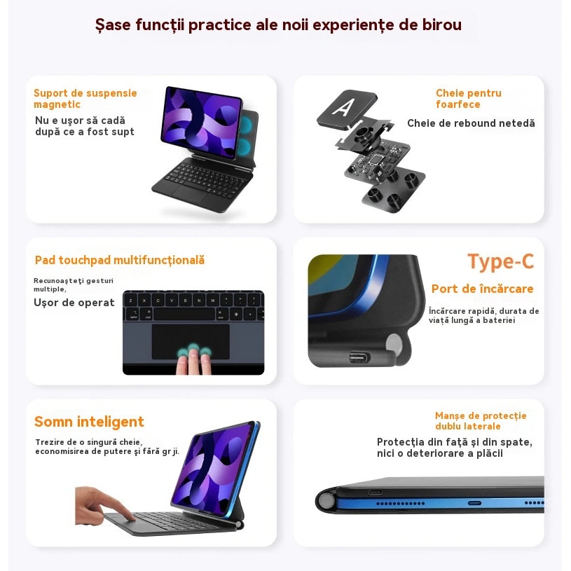 Husa cu tastatura Magic Keyboard, model Pro 11 inch 2024, atasare magnetica flotanta, iluminare din spate reglabila a tastaturii, include tastatura Bluetooth si trackpad, accepta comenzi tactile iOS si taste rapide, Alb