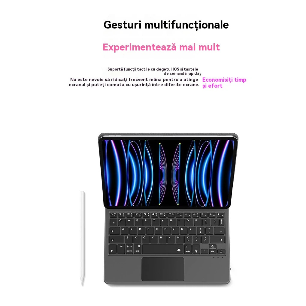Husa cu tastatura Magic Keyboard, model Pro 11 inch 2024, atasare magnetica flotanta, iluminare din spate reglabila a tastaturii, include tastatura Bluetooth si trackpad, accepta comenzi tactile iOS si taste rapide, Alb