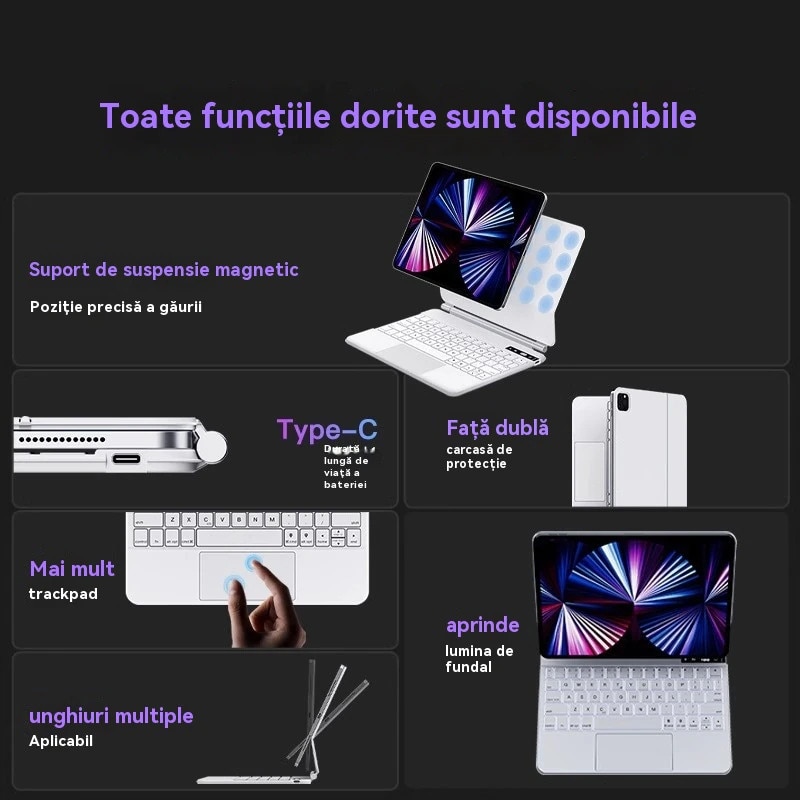 Husa cu tastatura Magic Keyboard, model Pro 11 inch 2024, atasare magnetica flotanta, iluminare din spate reglabila a tastaturii, include tastatura Bluetooth si trackpad, accepta comenzi tactile iOS si taste rapide, Alb
