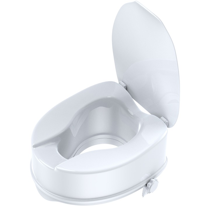 Inaltator WC cu capac, 15 cm inaltime, maxima 180kg, Sistem de prindere reglabil pentru vasul de toaleta, usor de instalat si curatat, alb