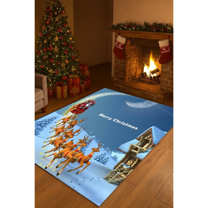 Covor mocheta Craciun antiderapant Digital 3D, 60 X 110 cm, Albastru deschis/portocaliu