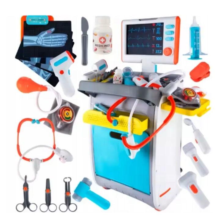 Set cabinet medical 3 in 1 cu carucior, sunete, lumini si radiografii