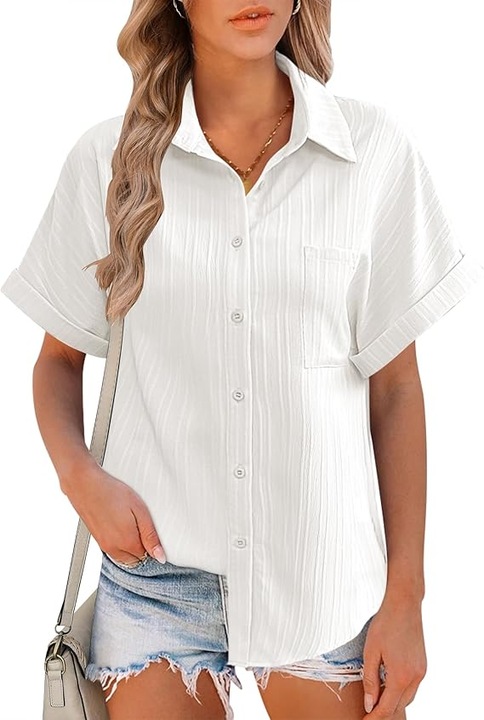 Camasa pentru Femei cu Maneci Scurte – Model Clasic cu Decolteu in V si Buzunar, Material Muselina Usoara si Respirabila, Alba, Marimea XL