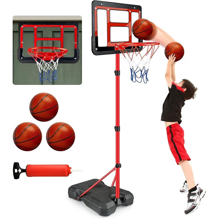 Gyermek Kosárlabda Szett Lábbal, 2az1-ben, 3 db labdával, pumpával, állítható magasság 110-190 cm, palánk 43x32 cm, 8-15 éveseknek, beltéri és kültéri, fémgyűrű beltéri vagy kültéri használatra, stabil homok vagy vízalap