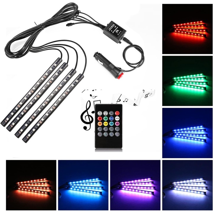 Banda LED auto Pili-Paradise, set 4 piese, 72 LED, multicolor, control wireless, 32x1.4x0.9cm