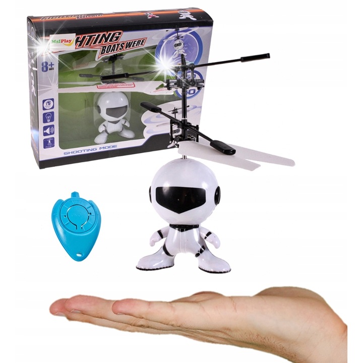 Robot zburator MalPlay, controlat prin mana, cu senzor de inaltime, alb cu elemente negre