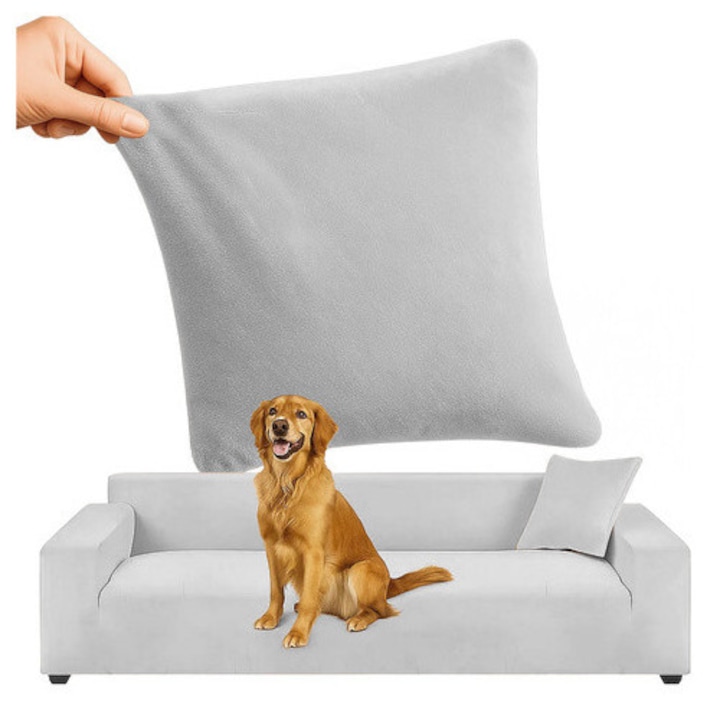 Husa canapea cu 3 locuri Ruhhy, Velur, Impermeabila, 190-230 cm, Poliester si Spandex, Lavabila, Set cu fata de perna 45x45 cm, culoare Gri deschis