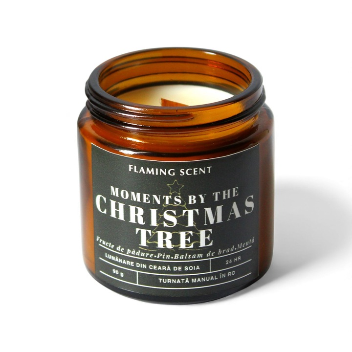 Lumanare parfumata din Soia cu fitil din lemn, Flaming Scent, Moments by the Cristmas Tree, handmade, ceara naturala, ardere 24 h, 90 g