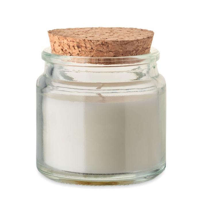 Set 100 marturii lumanari cu aroma de vanilie, suport sticla cu capac pluta, alb, 70 gr, timp ardere 12 ore